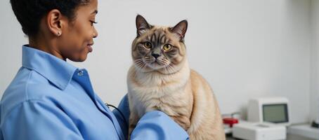A rendered scene features an attentive Scottish fold cat being examined by an AfricanAmerican veterinarian photo