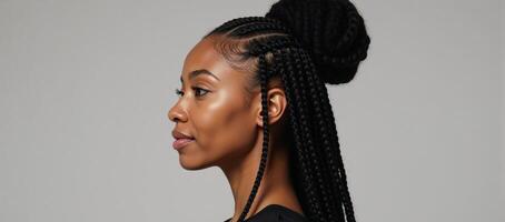 A beautiful Black African American woman with curly long braids and a bun displaying a perfect facial structure including a striking sharply defined jawline as she looks to the left in a side profile photo
