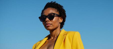 A bold contemporary image features an AfricanAmerican woman in a striking yellow jacket and sunglasses against a brilliant blue sky exuding vibrant street style with attitude photo