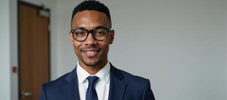 A stylish AfricanAmerican man exudes confidence in formal attire and glasses photo