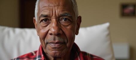 An elderly AfricanAmerican man gazes into the lens within a nursing home setting photo