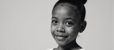 Black White Portrait School Age Girl African American Clear Skin Wide Eyes Glowing in Daylight photo