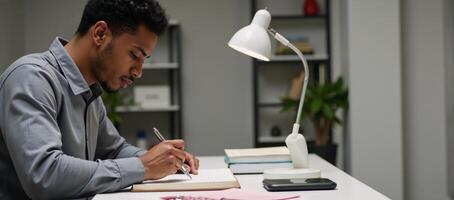 A young AfricanAmerican man is engrossed in his studies while working from home with a notebook in hand photo