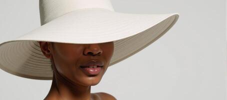 A powerful portrait features a young African American woman in an oversize white hat with strong shadows on her face against a starkwhite background for dramatic effect Minimalist Bold photo