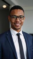 A stylish AfricanAmerican man exudes confidence in formal attire and glasses photo