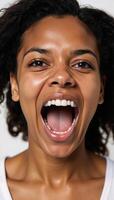 Neuralgenerated headshot of an angry young Black woman yelling fictional photo