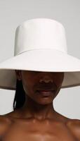 A powerful portrait features a young African American woman in an oversize white hat with strong shadows on her face against a starkwhite background for dramatic effect Minimalist Bold photo