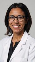 African American Woman with Glasses and White Coat Smiling photo