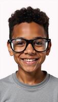 A captivating portrayal of an endearing African American boy with his characteristic large glasses and warm smile against a clean white backdrop photo