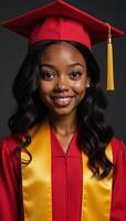 Cartoon image depicts an AfricanAmerican girl in red graduation cap and gown with gold sash long wavy hair photo