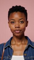 A melancholic 20year old African American woman is depicted feeling left out against a soft pastel light mauve backdrop photo