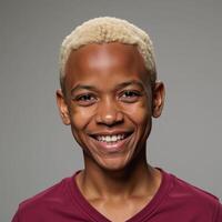 Portrait of a smiling young African American albino man facing camera against blurred background photo