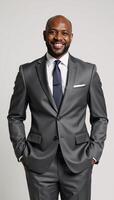 Confident businessman smiles in grey suit professional portrait captures success concept ideal for corporate use photo