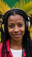 Portrait of African American man in dreadlocks listening to reggae music photo