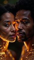 Glowing particle faces African American woman darkhaired man on bokeh backdrop photo