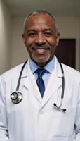 Confident African American doctor in a white coat and stethoscope portrayed as a portrait subject photo