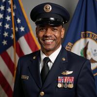 A proud and confident smiling AfricanAmerican veteran depicted in a military uniform Generated photo