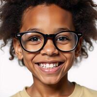 A captivating portrayal of an endearing African American boy with his characteristic large glasses and warm smile against a clean white backdrop photo