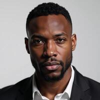 Blackandwhite closeup studio portrait of an African American male model with intense stare photo
