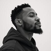 Black White Noir Portrait Peaceful AfricanAmerican Man Closed Eyes Against Double Exposed Spruce Forest Backdrop Set against Clean White Background photo