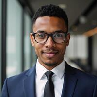 A stylish AfricanAmerican man exudes confidence in formal attire and glasses photo