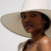 A powerful portrait features a young African American woman in an oversize white hat with strong shadows on her face against a starkwhite background for dramatic effect Minimalist Bold photo