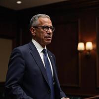 A serious composed AfricanAmerican politician prepares for a public speech dressed in a suit against the backdrop of a dimly lit formal setting photo