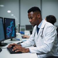 African American doctor performing DNA analysis at hospital with visualization of data processing and DNA strands photo