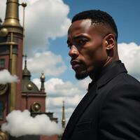 African American male in profile amidst cloudy sky and steampunk architecture photo