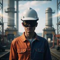 Worker in helmet against gritty industrial backdrop Double Exposure photo