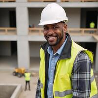 Portrait of an African American construction pro supervising work with smile helment vest photo