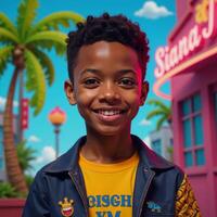 Digital painting featuring a colorful background with a handsome AfricanAmerican young boy as the subject in a generic cartoon movie style photo