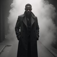 A noir detective emerges from foggy shadows clad in a long trench coat with an air of mystery as an African American protagonist photo