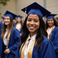 A smiling graduate in a cap and gown with fellow classmates at a commencement ceremony photo