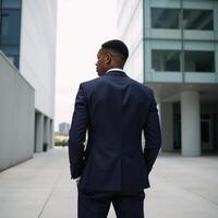 Young African American man in contemporary setting viewed from behind as he gazes into the distance photo