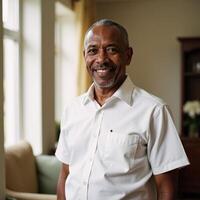 Senior AfricanAmerican individual posed for portrait within a nursing home setting photo