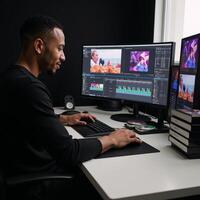 AfricanAmerican videographer creates multimedia content by editing a film montage with visual effects at home photo