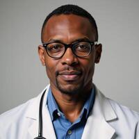 Confident AfricanAmerican physician in glasses addressing the viewer directly photo