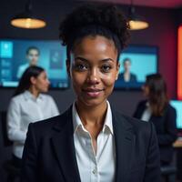 A digitally painted portrait features a confident African American woman leading a remote work team meeting photo