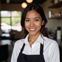 Earlytwenties African American server with a radiant smile and a contagious happy demeanor photo