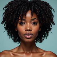 Portrait of an African American woman with Afro hairdo and glamorous makeup rendered using neural networks photo