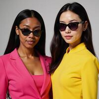 A vibrant image featuring two diverse women in sunglasses epitomizing womanhood and diversity photo