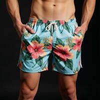 Stylish vibrant hibiscusprinted floral shorts tropical design with an elastic waistband for both beach and casual outfits photo