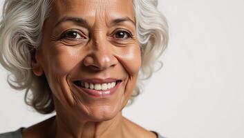 Closeup portrait of wise and graceful elderly African American woman with gray hair on simple white backdrop photo