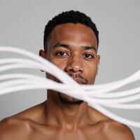 A vibrant portrait showcases an abstracted image of a young African American man set against a light backdrop with lively decorative wave patterns photo