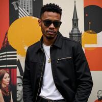 Modernistic digital illustration features an urbanchic African American man in sunglasses amidst abstraction and style photo