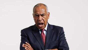 An angrier AfricanAmerican elderly man crossing his arms alone against a blank backdrop photo