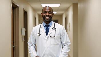 Smiling African American Male Doctor stands in Hospital Hallway wearing White Coat Stethoscope photo