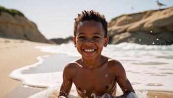 Joyful Black man laughing amidst sunlit ocean waves evoking carefree summer days photo