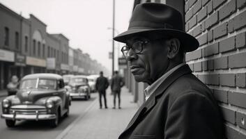 A vintage blackandwhite photograph showcases an introspective elderly African American man wearing a fedora leaning against the wall of a bustling urban street scene from the 1950s photo